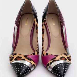 ALDO Mixed-Material Leopard & Burgundy Pointed Toe Pumps